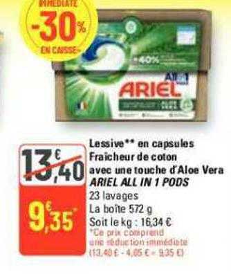 lessive en capsules fraîcheur de coton avec une touche d'aloe vera ariel all in 1 pods