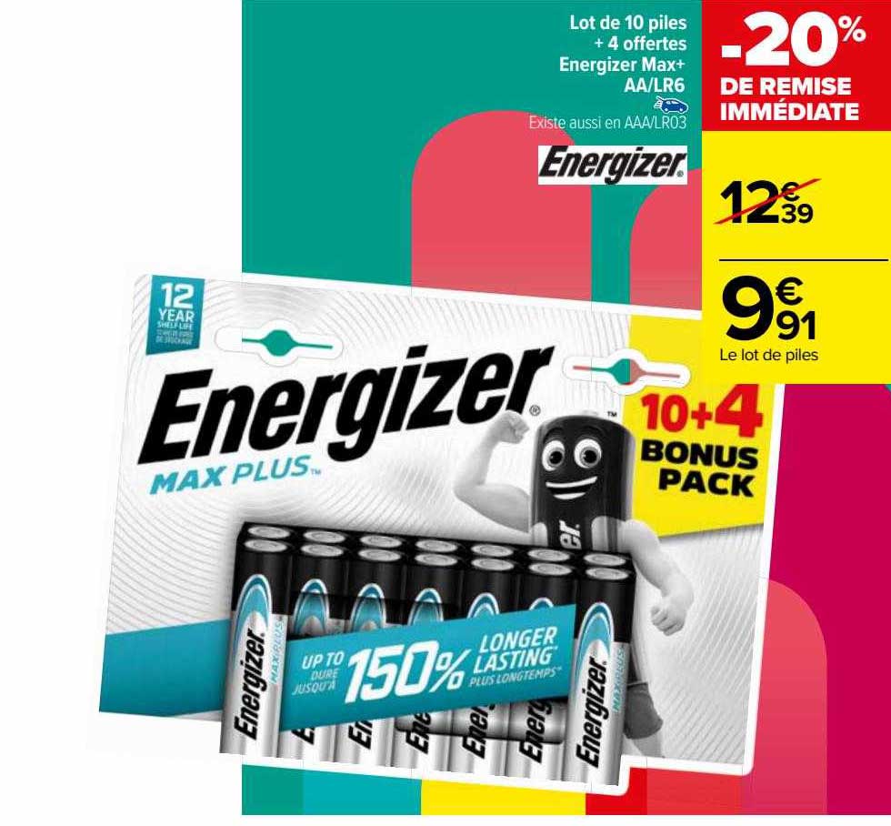 lot de 10 piles + 4 offertes energizer max+ aa-lr6