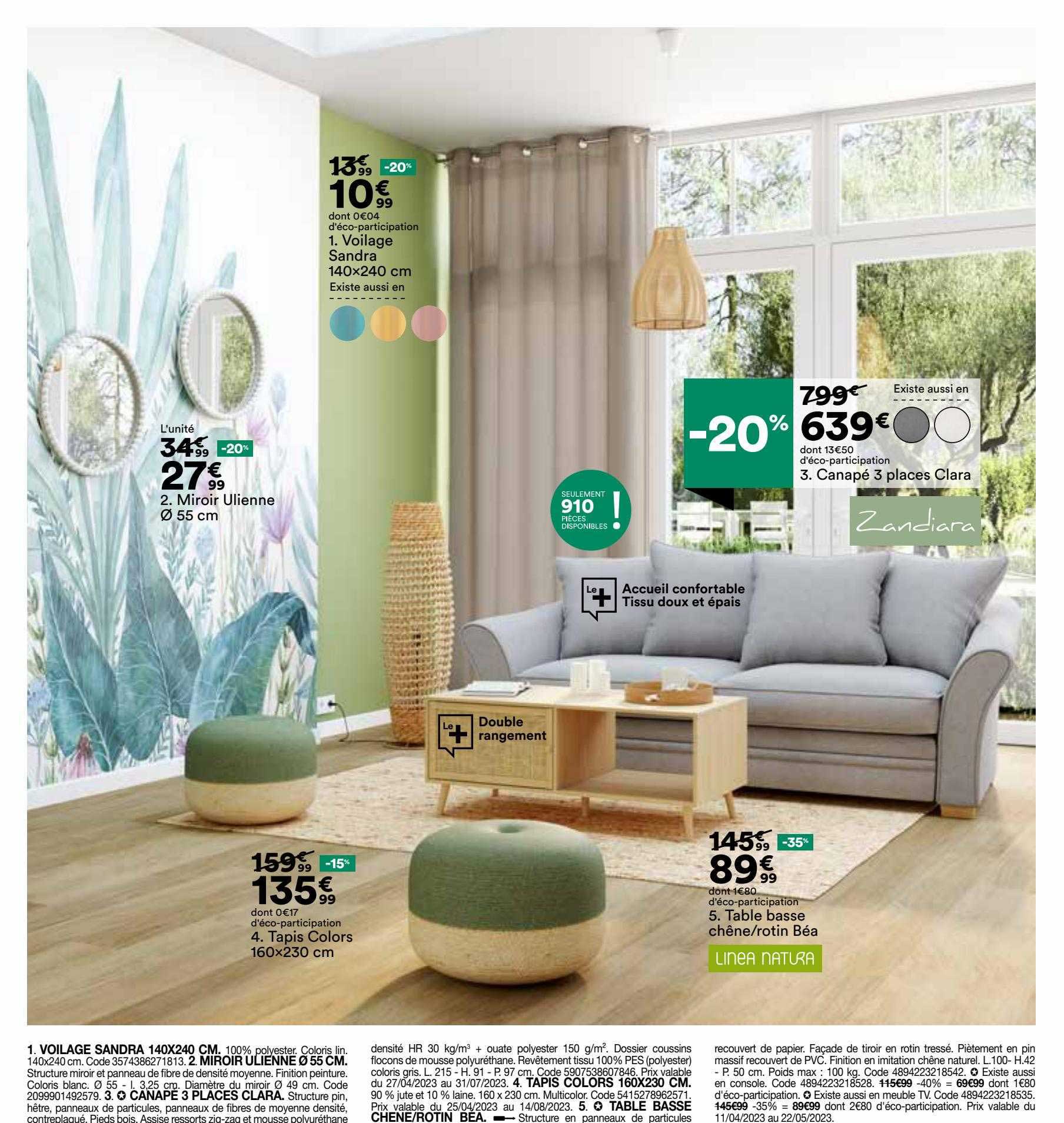 miroir ulienne ø 55 cm, voilage sandra 140 x 240 cm, tapis colors 160 x 230 cm, table basse chêne-rotin béa linea natura, canapé 3 places clara zandiara