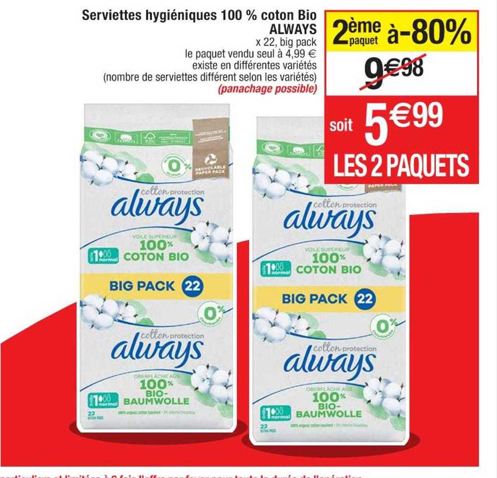 serviettes hygiéniques 100% coton bio always
