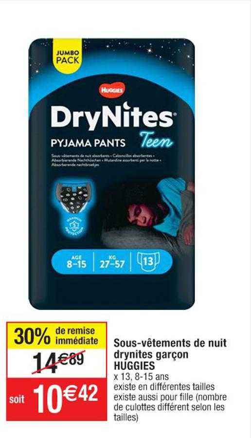 sous-vêtements de nuit drynites garçon huggies