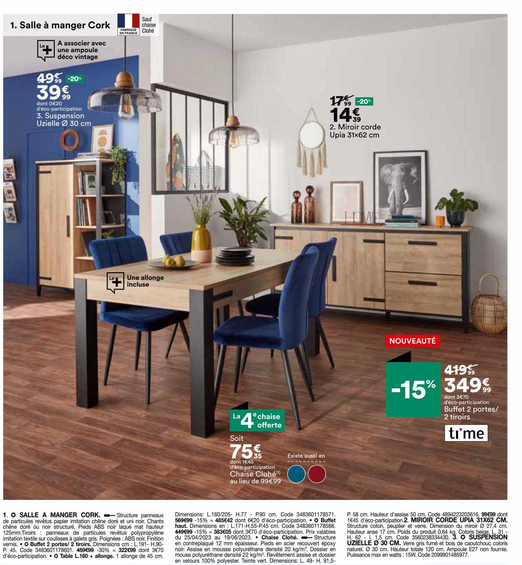 suspension uzuelle ø 30 cm, chaise clohé, miroir corde upia 31 x 62 cm, buffet 2 portes-2 tiroirs ti'me