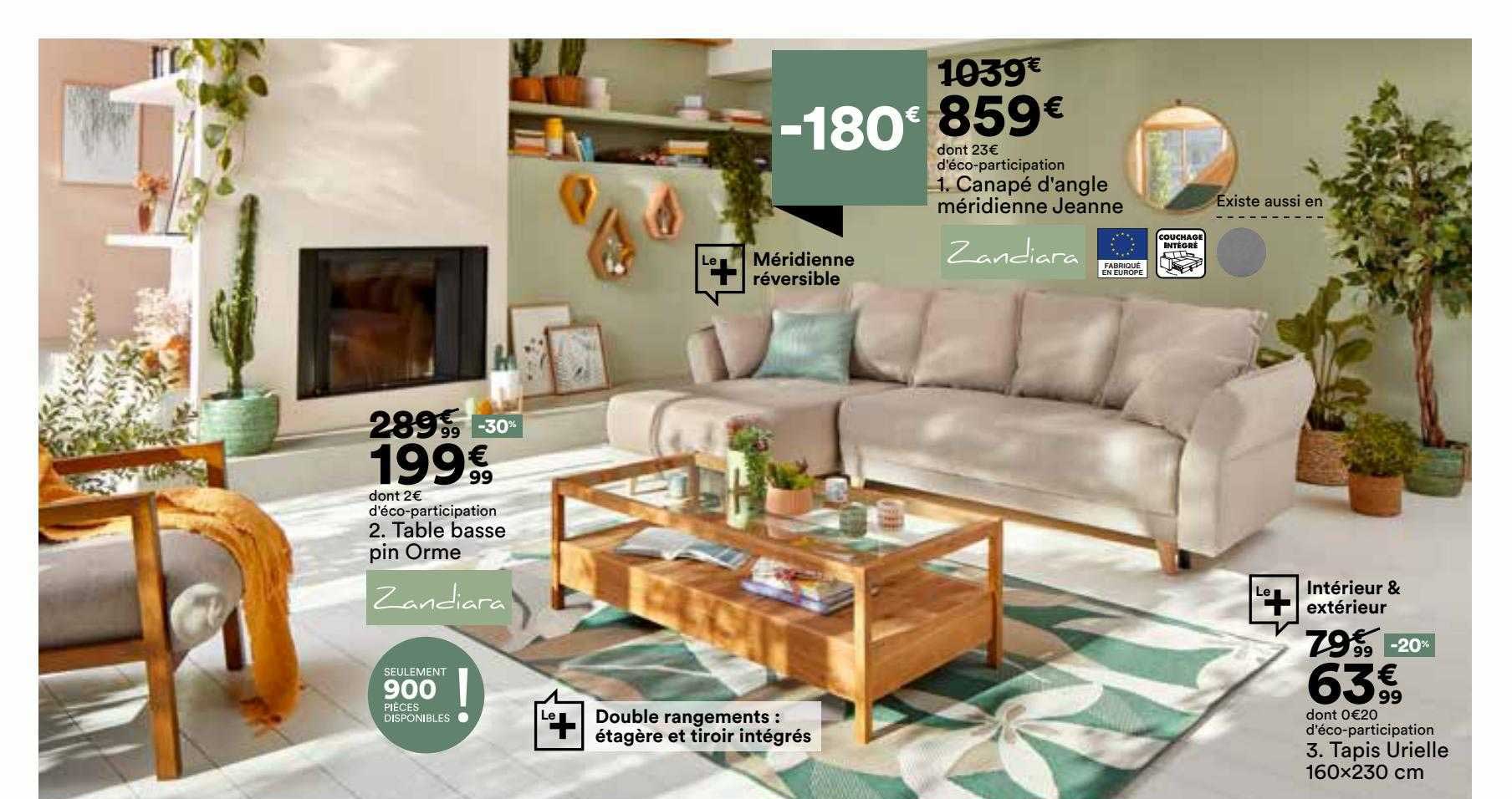 table basse pin orme zandiara, canapé d'angle méridienne jeanne zandiara, tapis urielle 160 x 230 cm