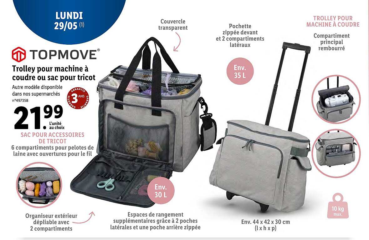 trolley pour machine à coudre ou sac pour tricot topmove