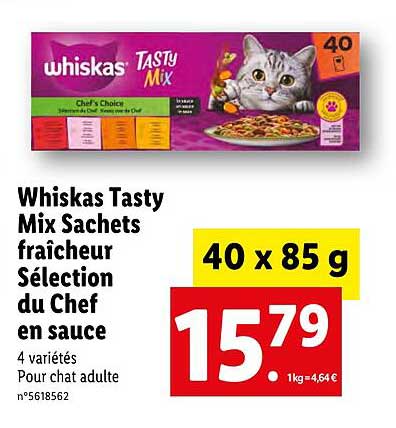 whiskas tasty mix sachets fraîcheur sélection du chef en sauce