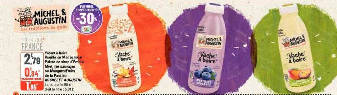 yaourt à boire vanille de madagascar pointe de sirop d'érable, myrtilles sauvages ou mangues-fruits de la passion michel et augustin