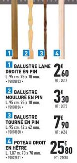 Balustre Lame Droite En Pin, Balustre Mouluré En Pin, Balustre Tourné En Pin, Poteau Droit En Hêtre