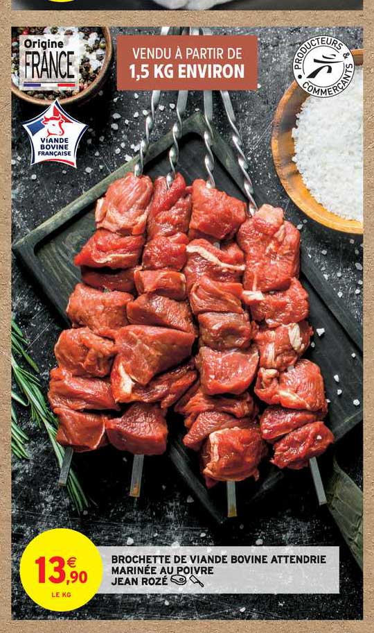 brochette de viande bovine attendrie marinée au poivre jean rozé