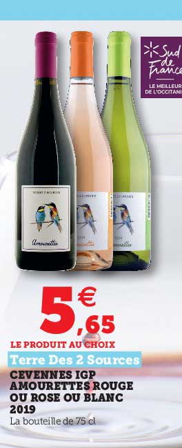 cevennes igp amorette rouge ou rose ou blanc 2019 terre des 2 sources