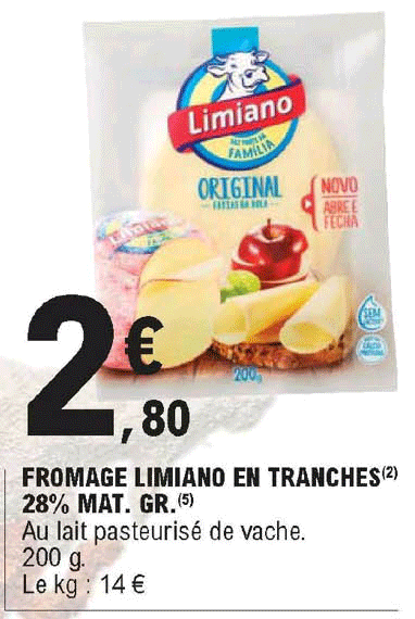 fromage limiano en tranches 28% mat. gr.