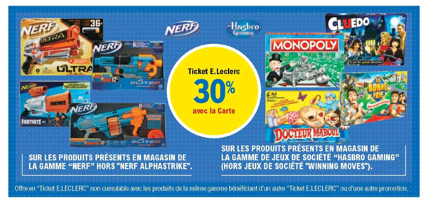 la gamme "nerf" hors "nerf alphastrike", la gamme de jeux de société "hasbro gaming"