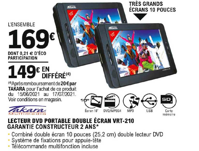 lecteur dvd portable double écran vrt-210 takara multimédia