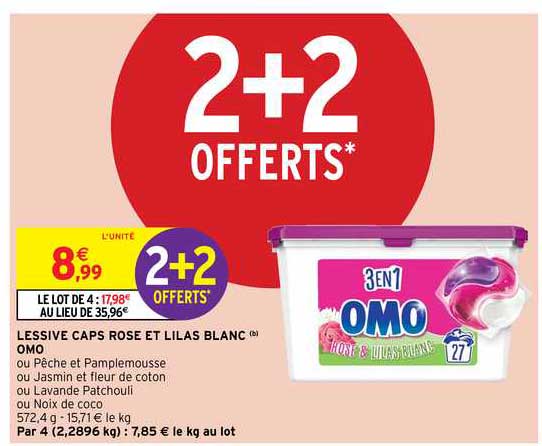 Lessive Caps Rose Et Lilas Blanc Omo 2+2 Offerts