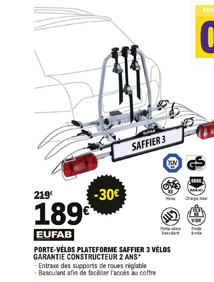 porte-vélos plateforme saffier 3 vélos eufab