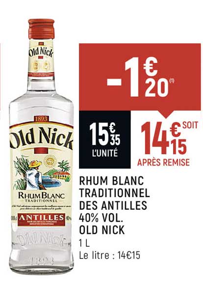 rhum blanc traditionnel des antilles 40% vol. old nick