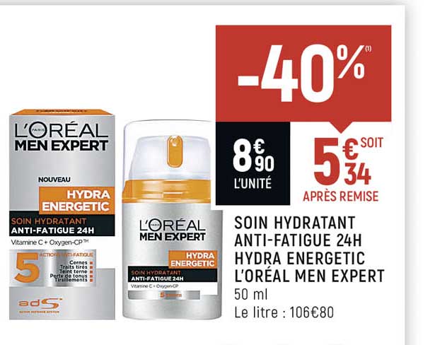 soin hydratant anti-fatique 24 h hydra energetic l'oréal men expert