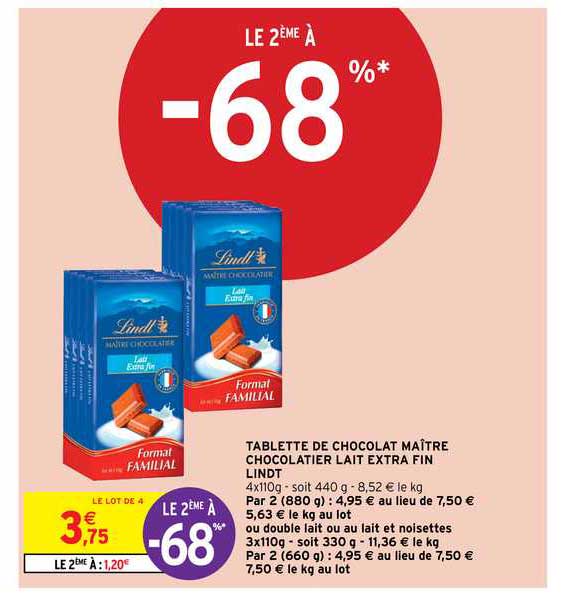 tablette de chocolat maître chocolatier lait extra fin lindt