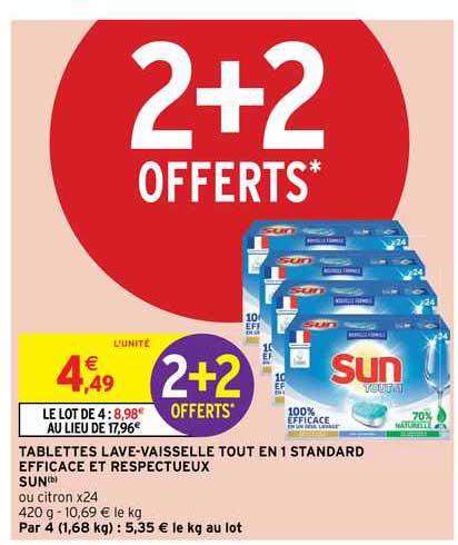 tablettes lave-vaisselle tout en 1 standard efficace et respectueux sun 2+2 offerts
