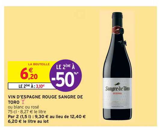 vin d'espagne rouge sangre de toro le 2ème à -50%