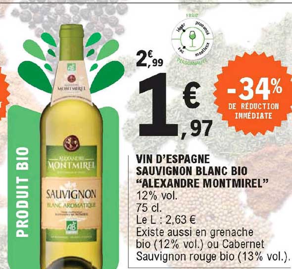 vin d'espagne sauvignon blanc bio alexandre montmirel -34% de réduction immédiate