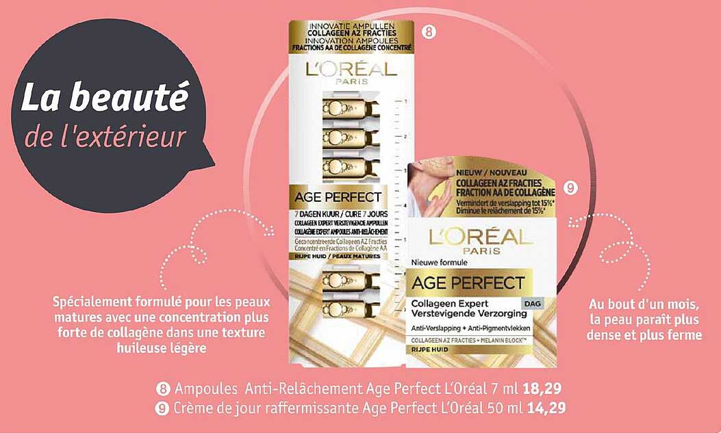 ampoules anti-relâchement âge perfect l'oréal 7ml, crème de jour raffermissante âge perfect l'oréal 50ml