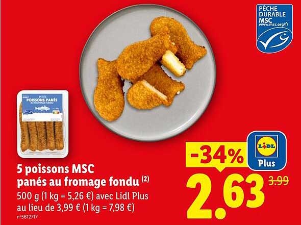 5 poissons MSC panés au fromage fondu