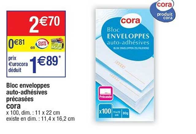 bloc enveloppes auto-adhésives précasées cora