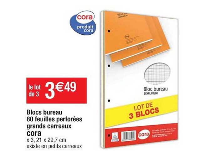 blocs bureau 80 feuilles perforées grands carreaux cora