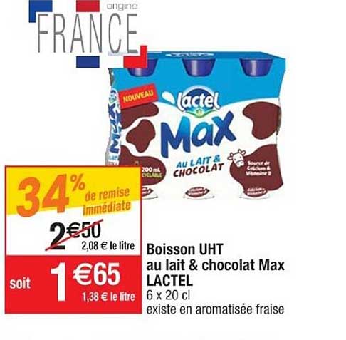 Boisson Uht Au Lait & Chocolat Max Lactel 34% De Remise Immédiate