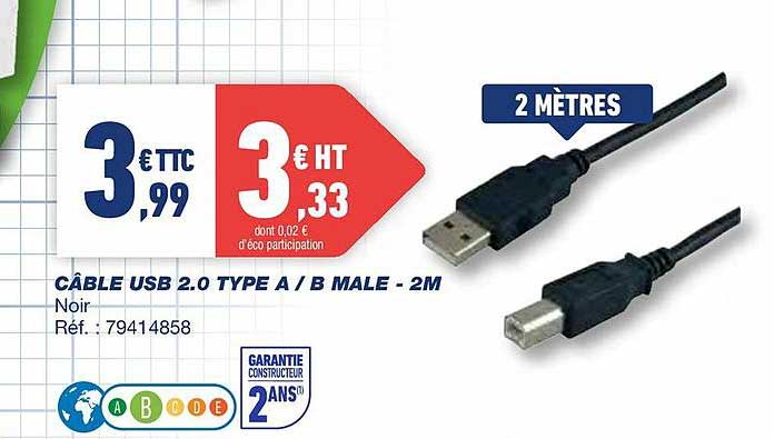 câble usb 2.0 type a b male - 2m