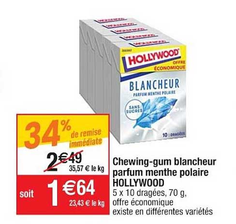 chewing-gum blancheur parfum menthe polaire hollywood 34% de remise immédiate
