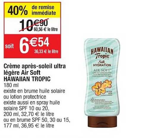 crème après-soleil ultra légère air soft hawaiian tropic 40% de remise immédiate