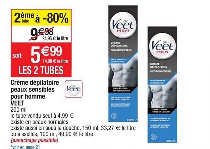 crème dépilatoire peaux sensibles pour homme veet 2ème tube à -80%
