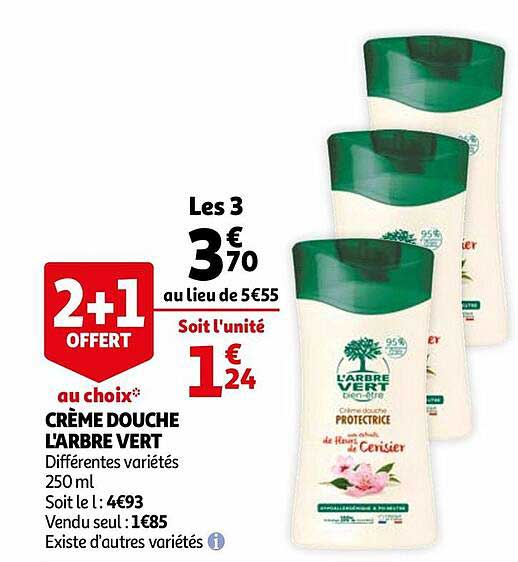 crème douche l'arbre vert 2+1 offert