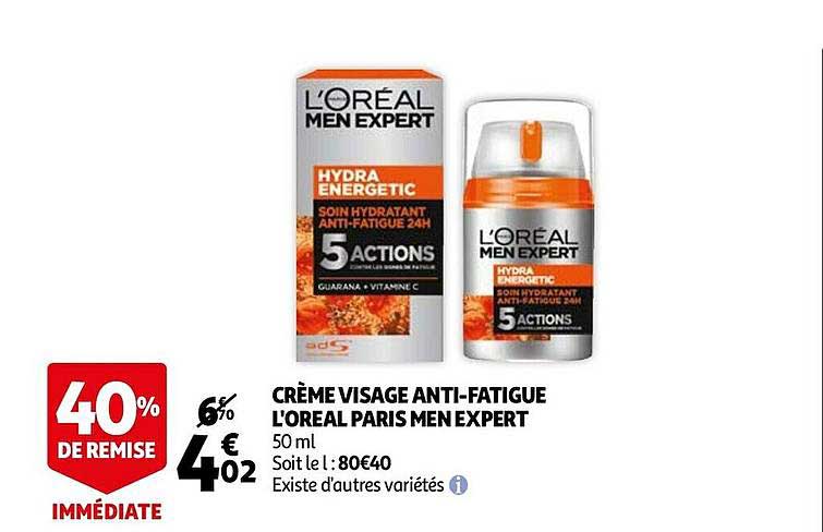 crème visage anti-fatigue l'oréal paris men expert 40% de remise immédiate