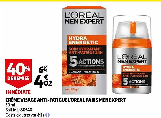 crème visage anti-fatigue l'oréal paris men expert 40% de remise