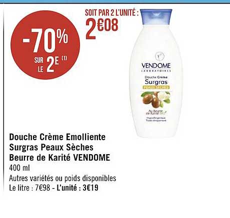 douche crème emolliente surgras peaux sèches beurre de karité vendome