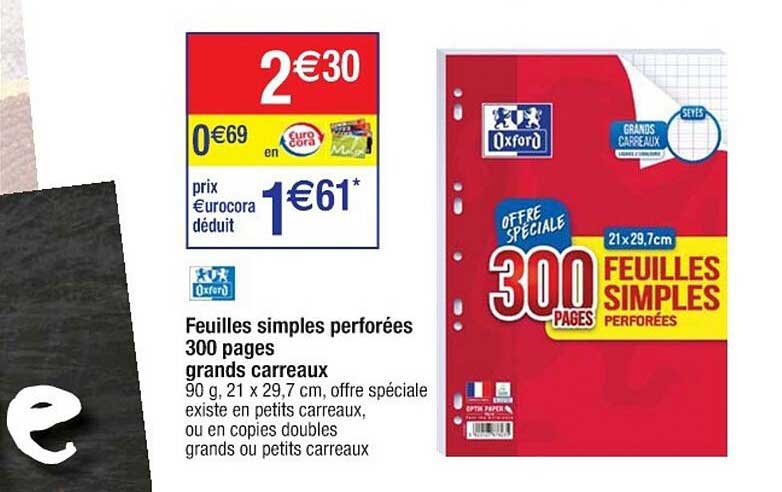 feuilles simples perforées 300 pages grands carreaux oxford