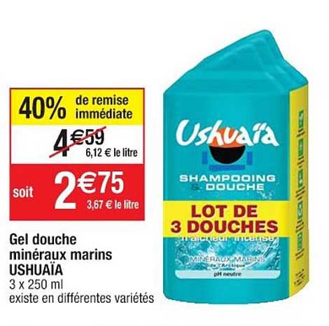 gel douche minéraux marins ushuaïa 40% de remise immédiate