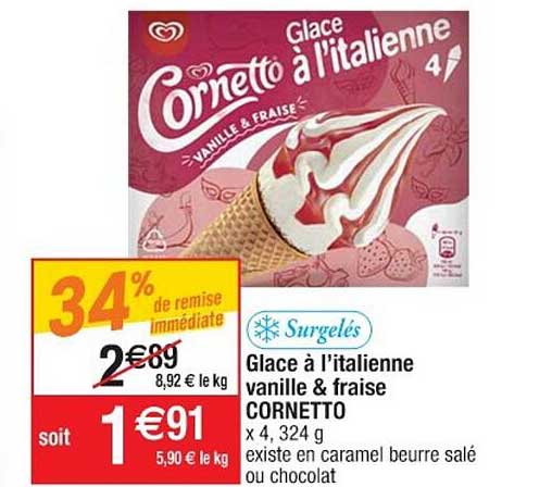 glace à l'italienne vanille & fraise cornetto 34% de remise immédiate
