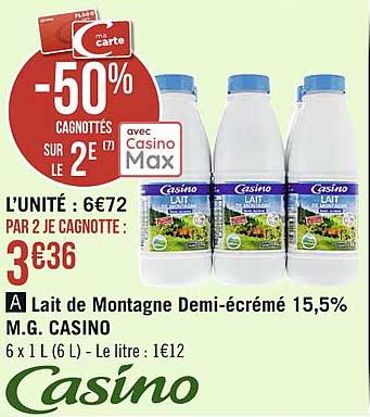 lait de montagne demi-écrémé 15,5% m.g. casino
