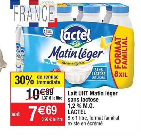 lait uht matin léger sans lactose 1.2 % m.g. lactel 30% de remise immédiate