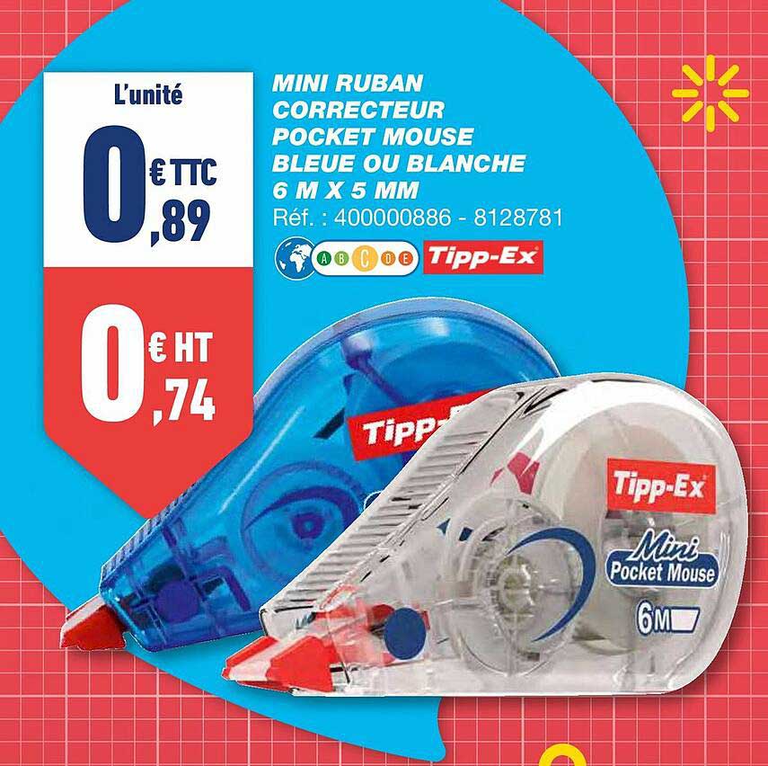 mini ruban correcteur pocket mouse bleue ou blanche 6 m x 5 mm tipp-ex