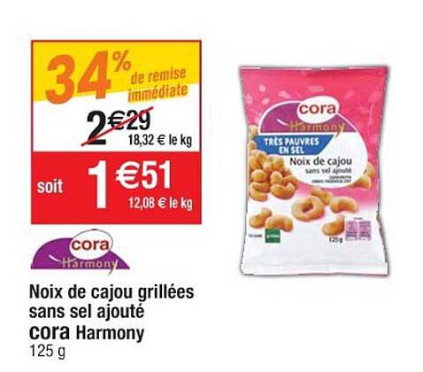 noix de cajou grillées sans sel ajouté cora harmony 34% de remise immédiate