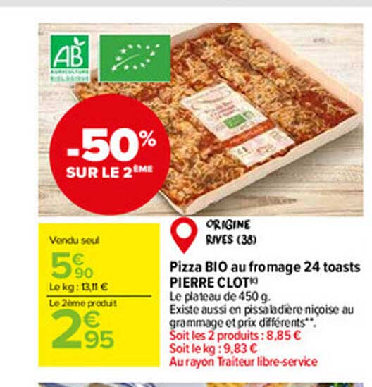 pizza bio au fromage 24 toasts pierre clot