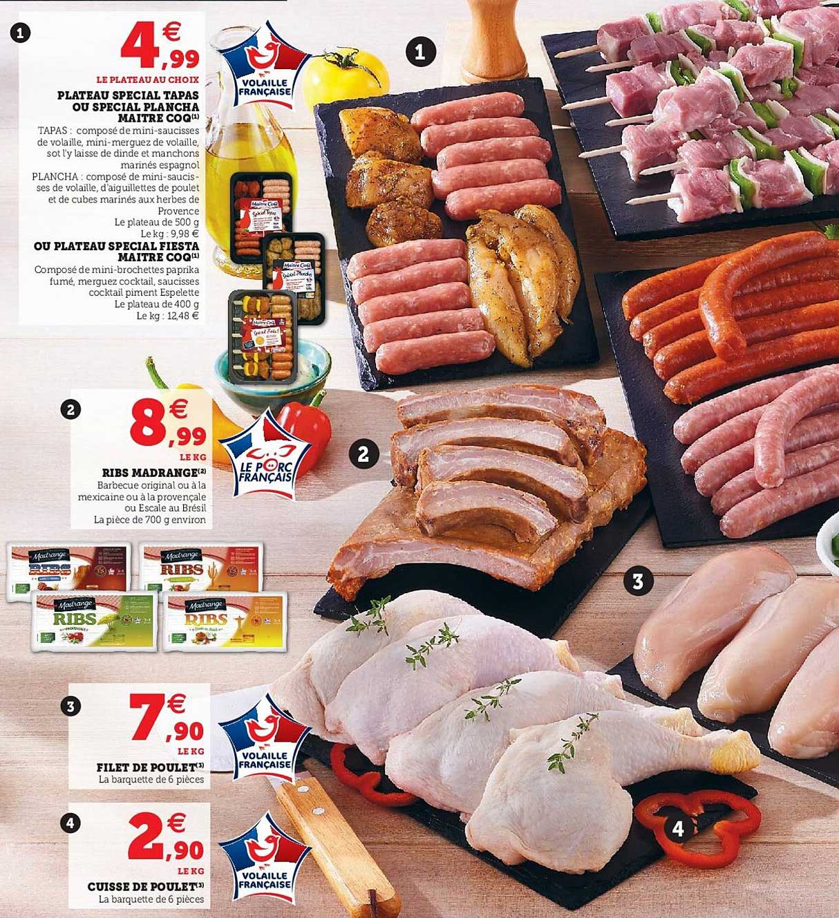 plateau spécial tapas ou spécial plancha maître coq ou plateau spécial fiesta maître coq, ribs madrange, filet de poulet, cuisse de poulet