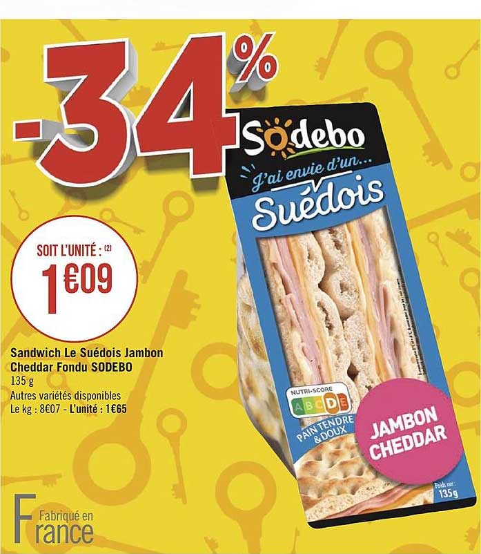 Sandwich Le Suédois Jambon Cheddar Fondu Sodebo