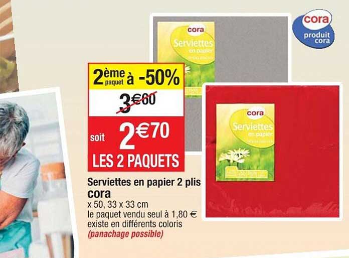 serviettes en papier 2 plis cora 2ème paquet à -50%