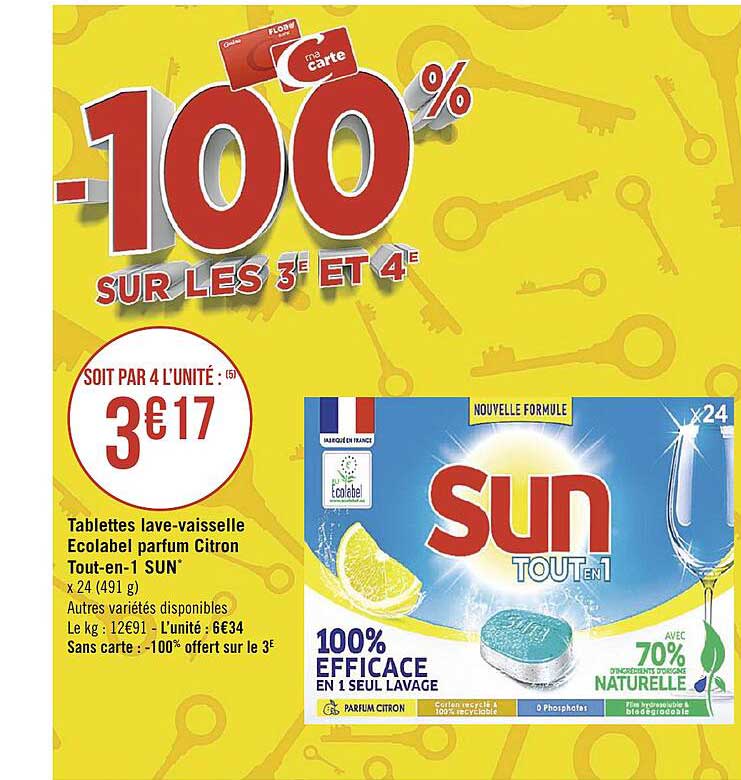tablettes lave-vaisselle écolabel parfum citron tout-en-1 sun
