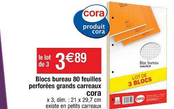blocs bureau 80 feuilles perforées grands carreaux cora